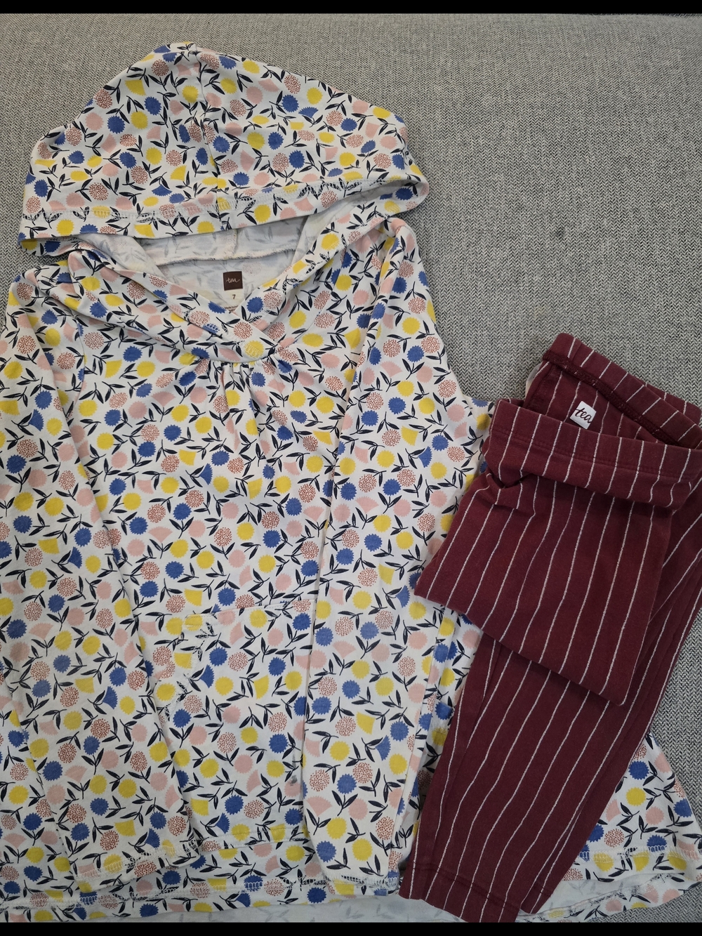 Tea Collection Floral Hooded Top and Burgundy Striped Pants Kids Matching Set